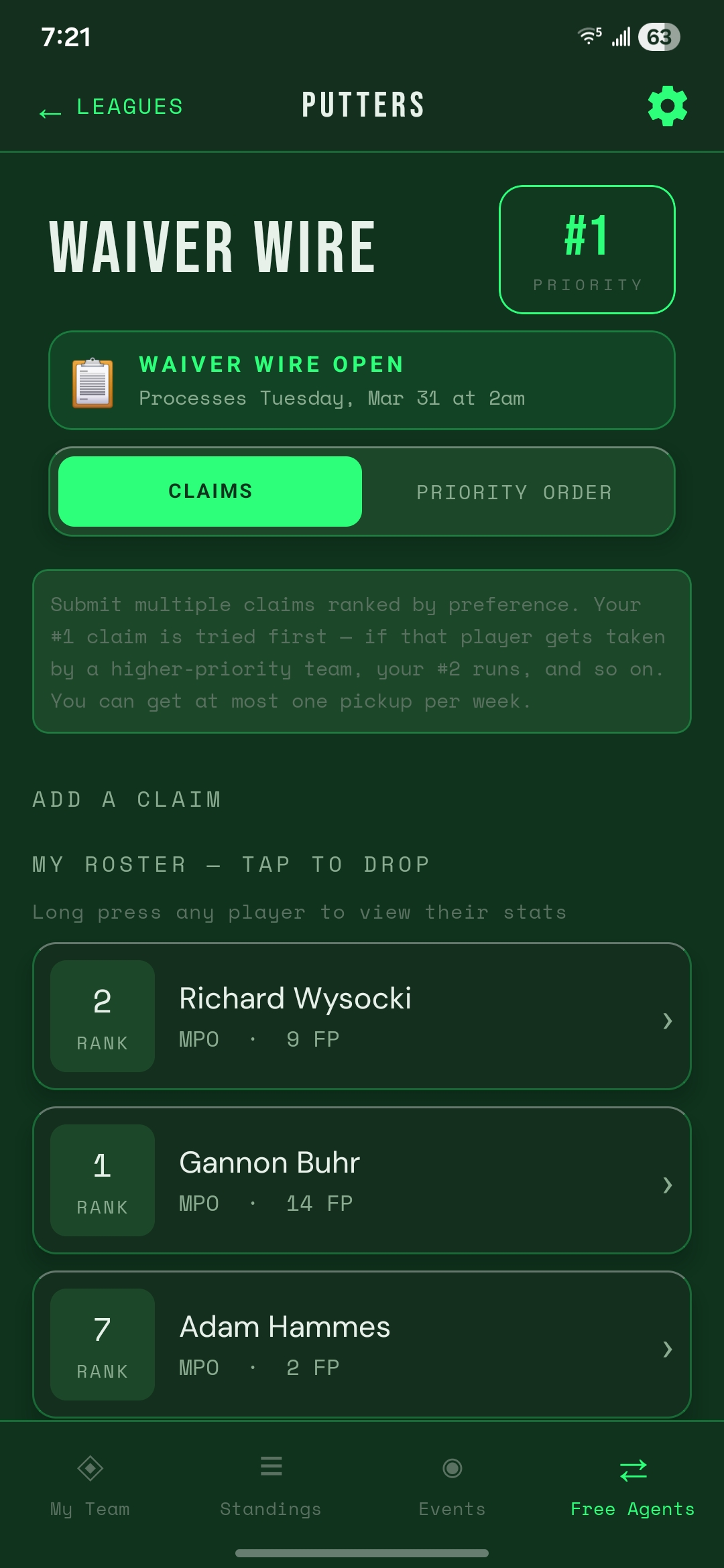 Waivers screen